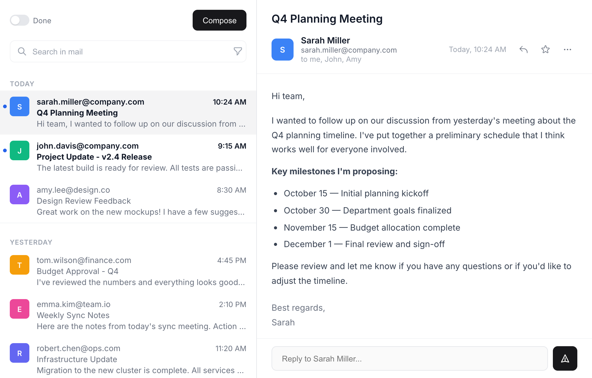 Weld Mail desktop application showing inbox with email list and reading pane