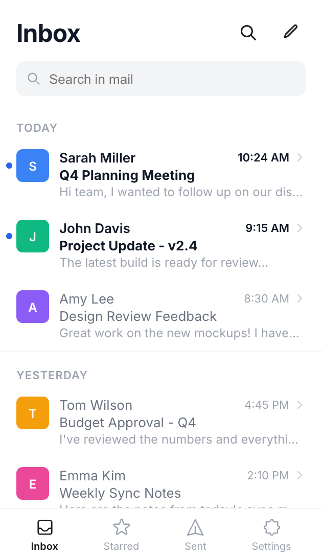 Weld Mail mobile application showing inbox